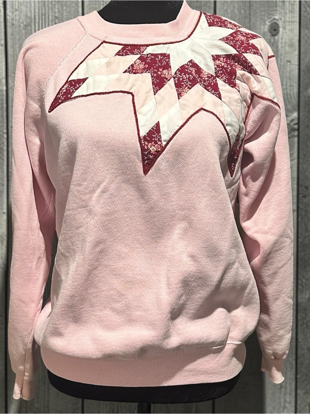 Vintage 80s Hanes Quilt Star Sweatshirt Womens L XL Pink Floral Applique USA
